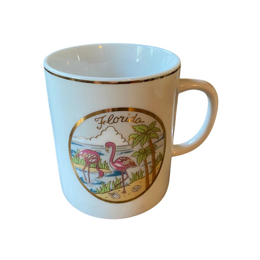 VINTAGE Florida Flamingo Beach Souvenir Coffee Mug Gold Rim Palm Trees